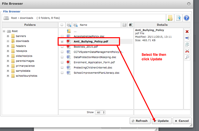 3. If the file is already uploaded simply select it and click update - if not move to the next step!