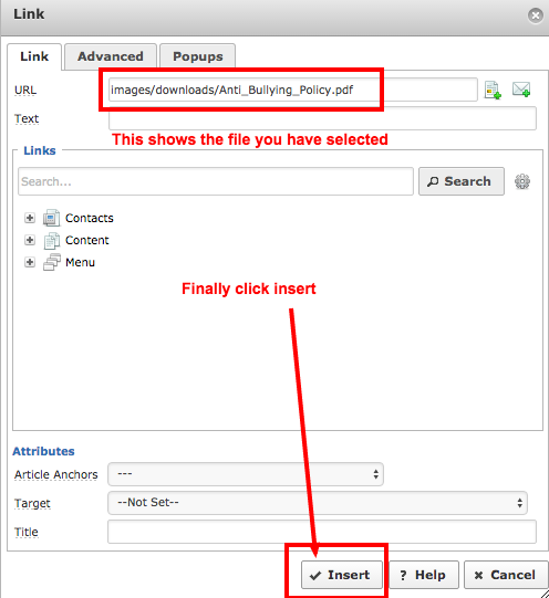 5. You can drag the file up or search for it when done click Insert